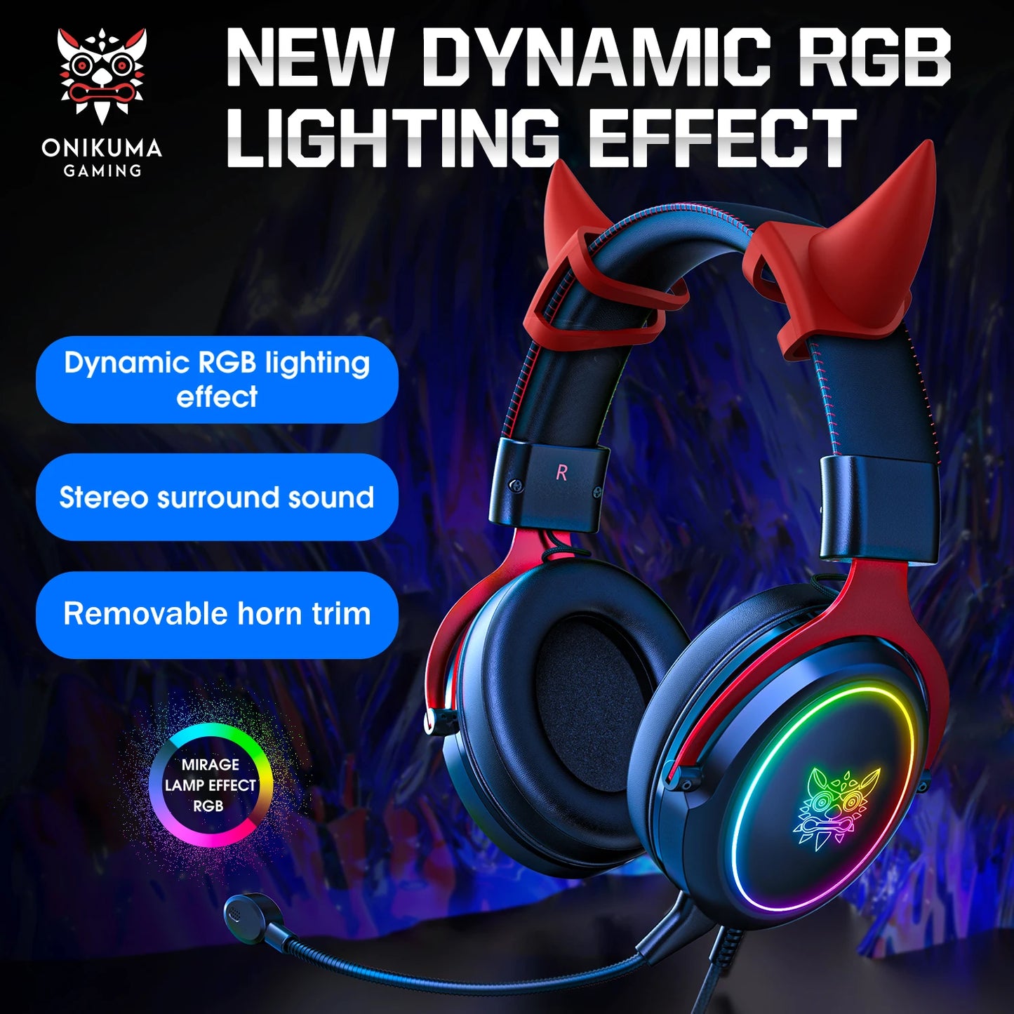 onikuma 2025 NEW Gaming Cute Headset, Wired Over-Ear Headphones with Noise Cancelling Microphone, Surround Sound, LED Backlight