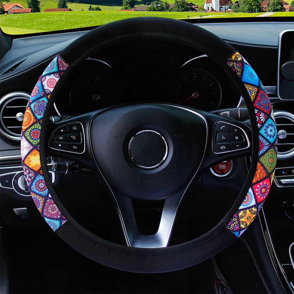 38cm Elastic Car Steering Wheel Cover Ethnic Style Print Anti-slip Car Steering-wheel Cover Car Interior Accessories Car Styling