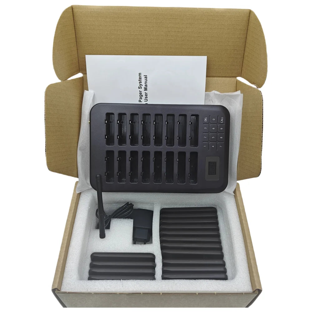 Wireless Calling System Buzzer Restaurant 16 Pager Receiver Vibration 4 Modes With 1 Keypad Transmitter Guest Paging Coaster