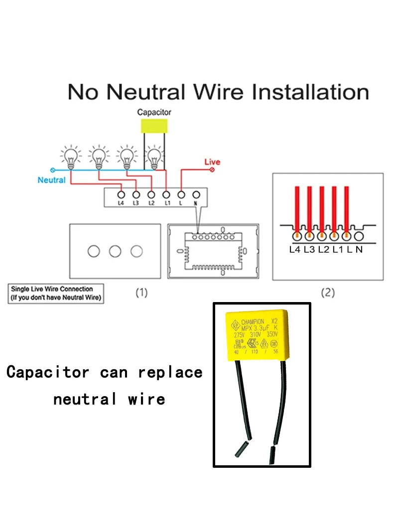 capacitor 3.3UF 275VAC anti-light flash safety capacitor.Suitable for smart touch switches without neutral, electric fans, etc