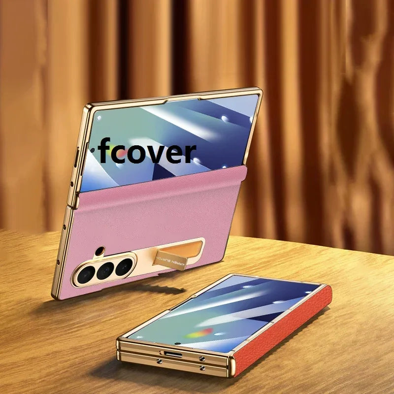 Luxury Leather Cover For Samsung Z Fold 7 6 5 Case Plating Stand Hinge Front Glass Screen