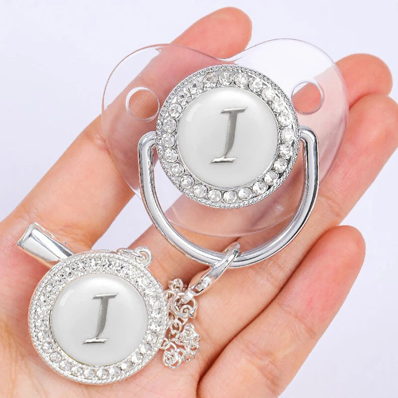 Baby Personalized Pacifier Clip Newborn Luxury Pacifiers Holder Letter Silver Bling Infant Transparent Silicone Teether BPA Free