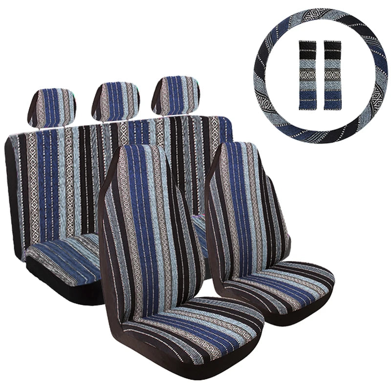 5mm Universal Size Flax Striped Car Seat Covers with Seat Belt Pads Steering Wheel Cover Full Set Fit For Most Car SUV Van Truck