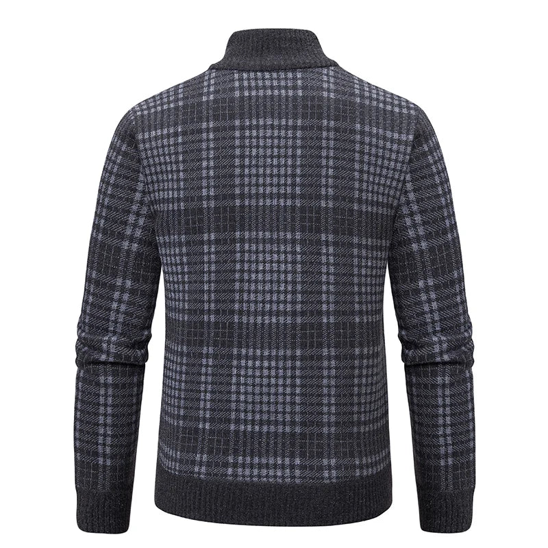 Mens Sweaters Jacket Full Zip Fleeced Sweater Cardigan Plaid Stand Collar Sweaters Coat Autumn Winter Homme Clothes