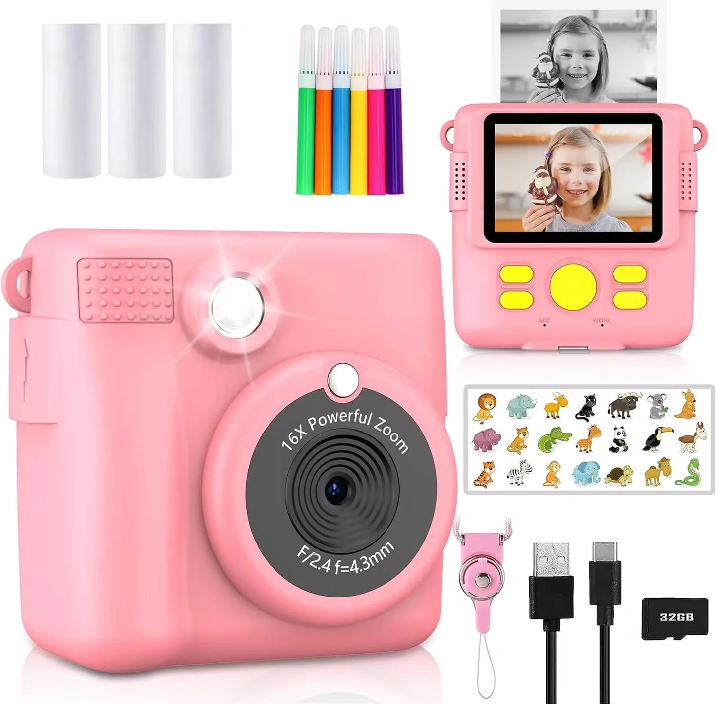 Portable Instant Print Camera for Kids - 1080P HD Video Camera with 3 Rolls Photo Paper and 32GB Card, Perfect Toy for Toddlers