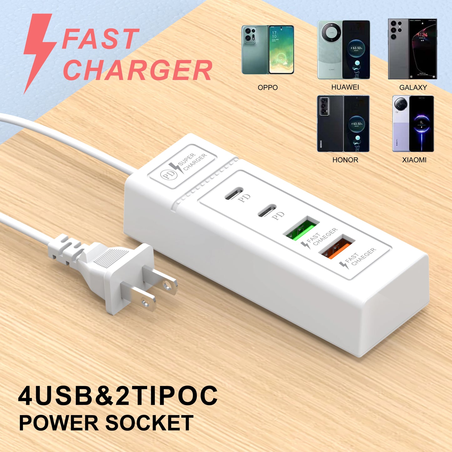 4 Port Fast Charger USB C Power Socket Fast Charging Wall Charger For iPhone 15 14 13 Xiaomi Samsung Mobile Phone Power Adapter