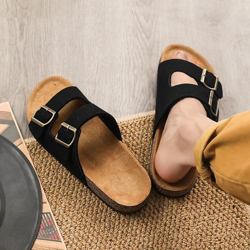 【Retro double button + cork foot feeling】Couple casual slippers for summer wear, anti-slip comfortable sandals
