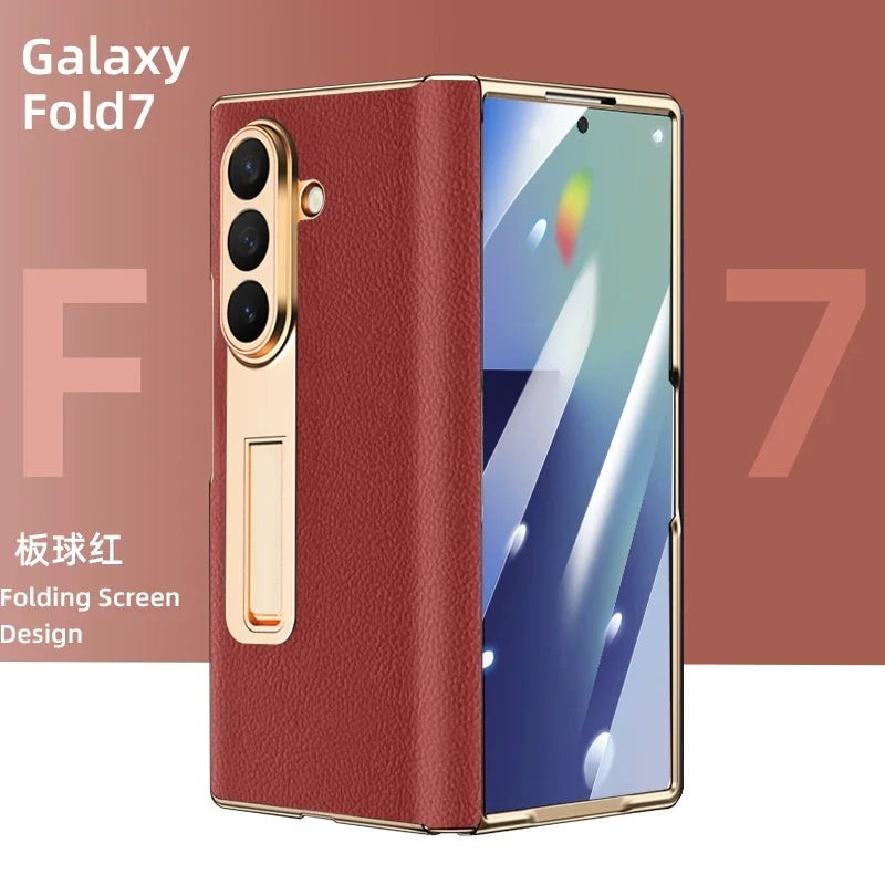 Luxury Leather Cover For Samsung Z Fold 7 6 5 Case Plating Stand Hinge Front Glass Screen