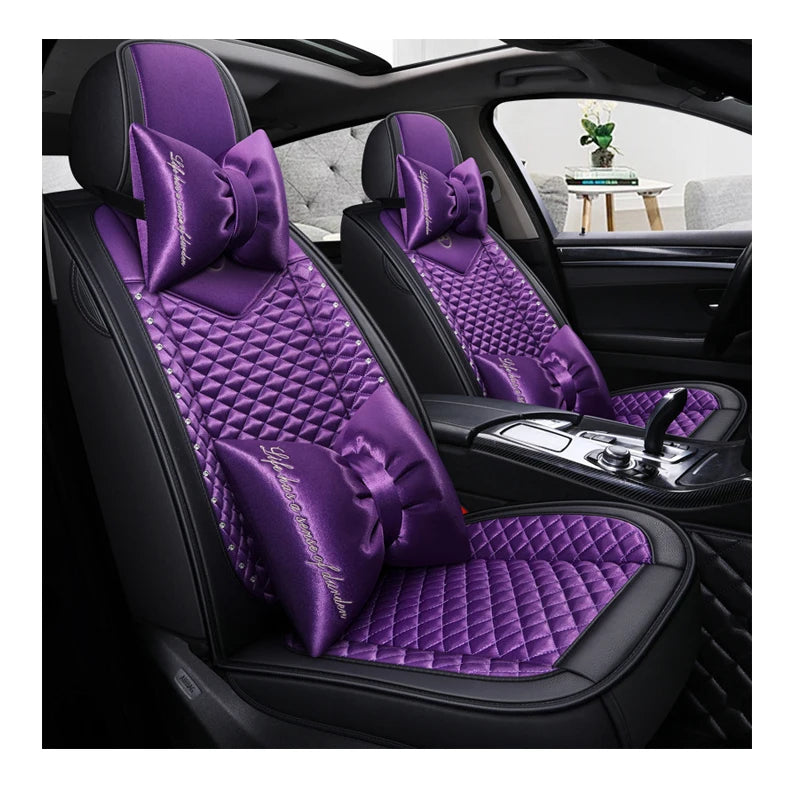 4 Pc Breathable 3D Bling Diamond Inlaid Leather Flax Car Seat Cover For Women