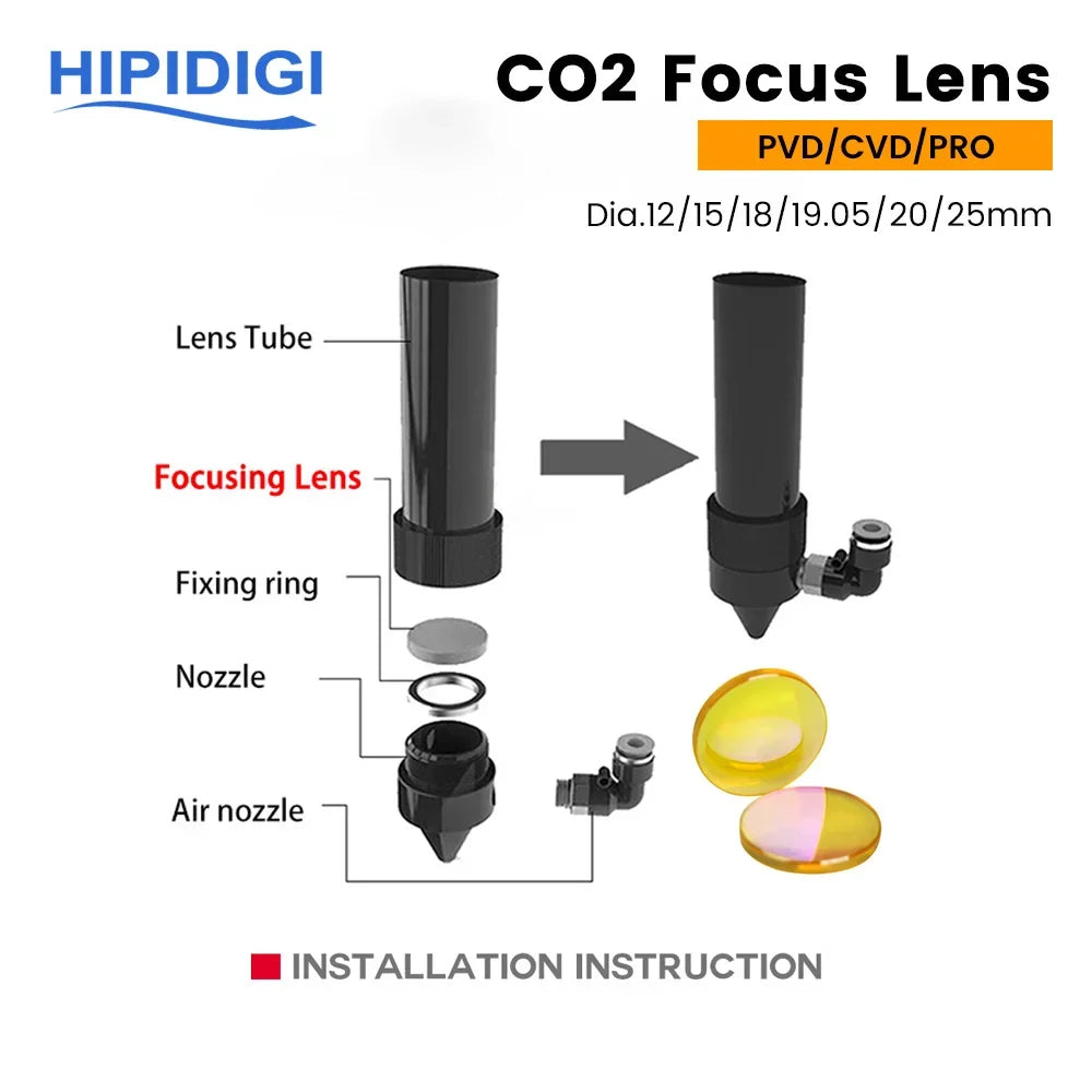 HIPIDIGI CO2 Focus Lens USA ZnSe CVD/PVD/PRO Dia.18 19.05 20mm FL38.1 50.8 63.5 for Laser Engraving Cutting Machine Consumables