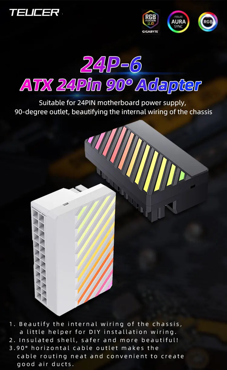 TEUCER ATX 24Pin ARGB Adapter, 90° RGB Power Cord Adapter for Computer Motherboard Power Supply