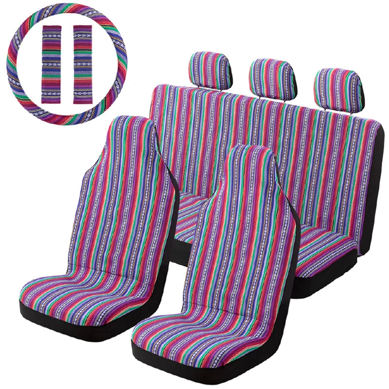 5mm Universal Size Flax Striped Car Seat Covers with Seat Belt Pads Steering Wheel Cover Full Set Fit For Most Car SUV Van Truck