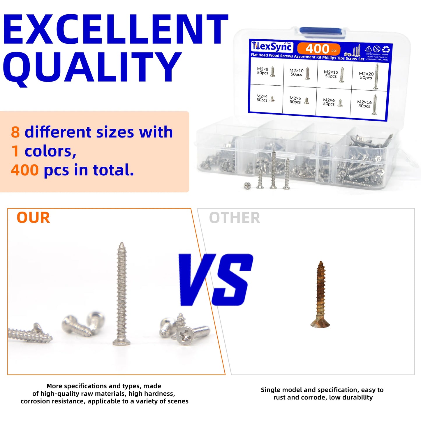 400pcs Flat Head Wood screws Assortment kit Phillips Tips screw set M2x4mm-20mm Self-tapping Screws Wood Screw