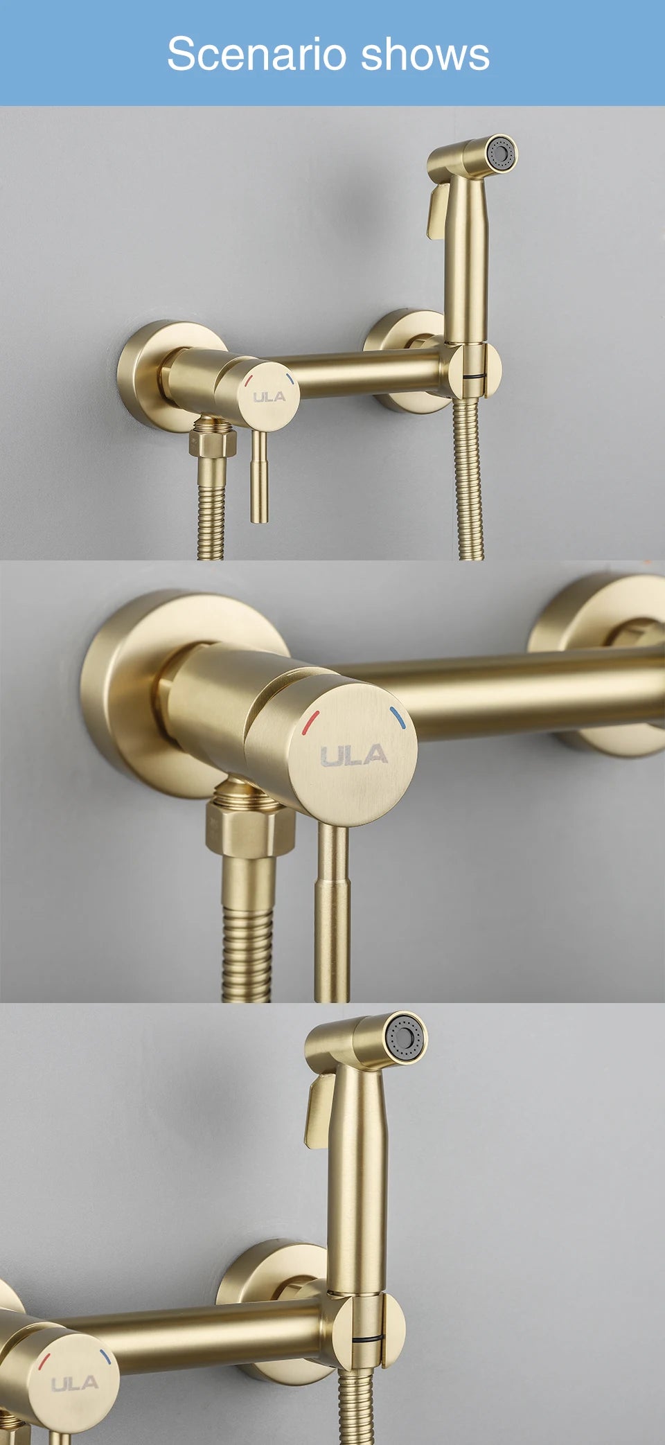 ULA Gold Bidet Faucet Toilet Faucet Stainless Steel Handheld Bidet Sprayer Set Cold Hot Water Mixer Crane Bathroom Shower Head