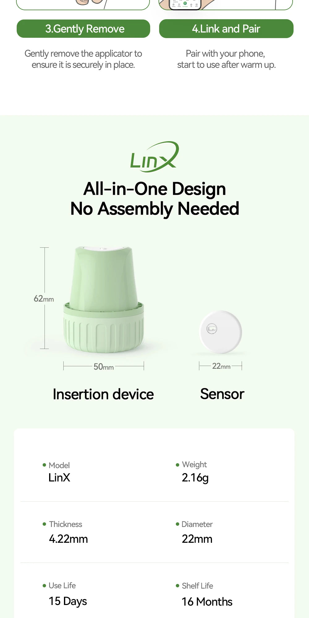 MicroTech LinX Dynamic Blood Glucose Monitor CGM Sensor Continuous Glucose Monitoring Diabetes Blood Glucose Tester 24Hx15Days