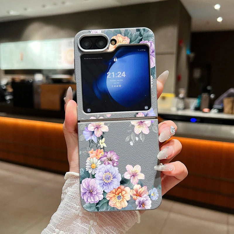 For Samsung Galaxy Z Flip 7 FE 6 5 3 4 Leather Texture Phone Case Floral Flower Soft TPU Folding Cover For Samsung Z Flip5 Flip6