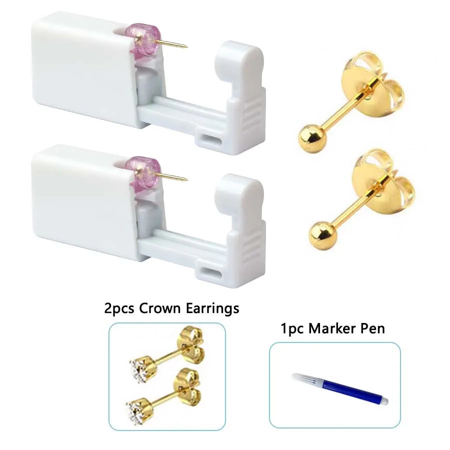 2PCS Disposable Ear Piercing Gun with Built-in Ear Studs & 2pcs Cubic Zirconia Earrings-For Home Use Ear Piercing Kit