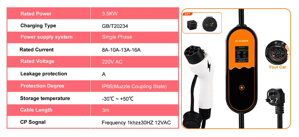 JDMEX 3.5W 16A Portable EV Charger GBT EVSE Charging Box Controller Wallbox for Electric Car Charging Current Adjustable