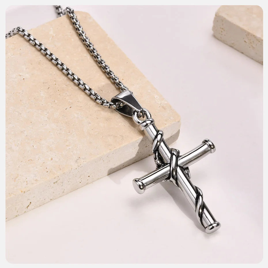 Vnox Men Cross Necklace, Stainless Steel Rose Cross Pendant with Box Chain, Unisex Cool Crucifix Jesus Faith Aesthetic Collar