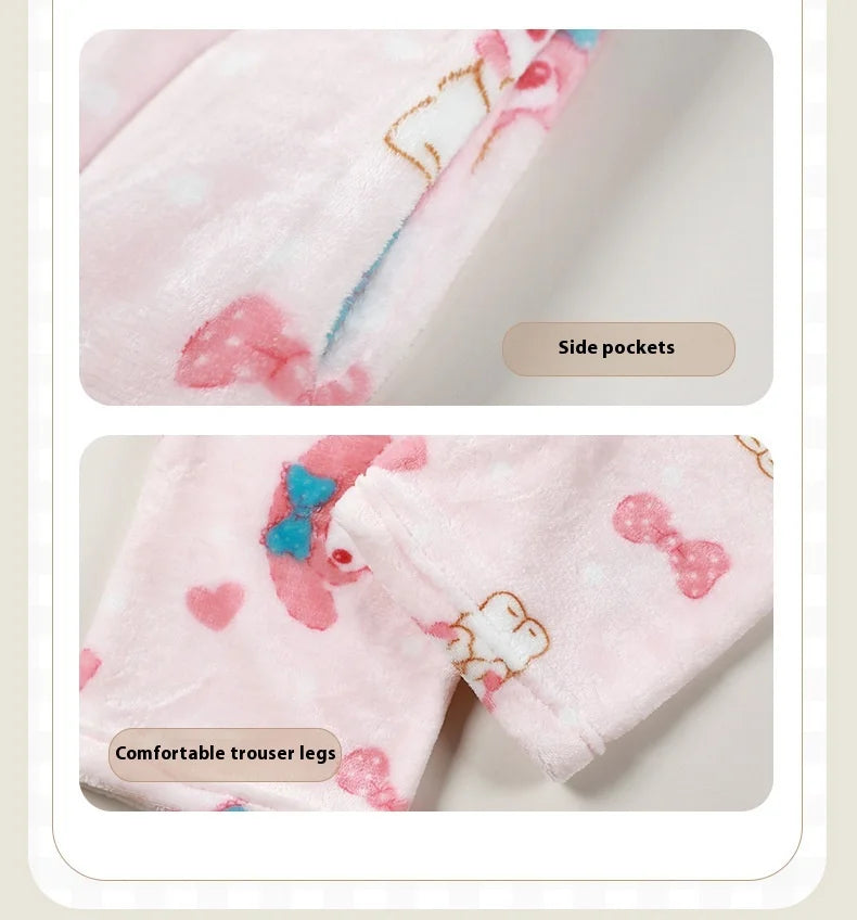 Miniso Hello Kitty Kuromi Sleeper Pants With Flannel Thick Fleece For Warmth Casual Cute Cartoon Pattern Girl Christmas Clothing