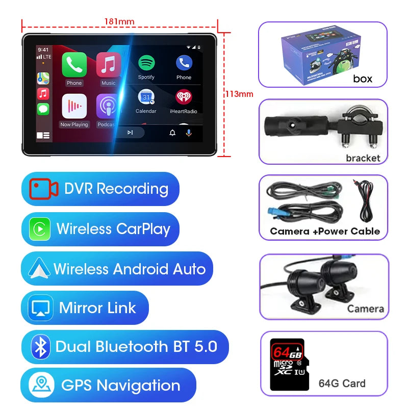 Srnubi 7 inch Portable Motorcycle DVR LCD Display GPS IPX7 Waterproof For Wireless Apple CarPlay Android Auto Airplay Monitor