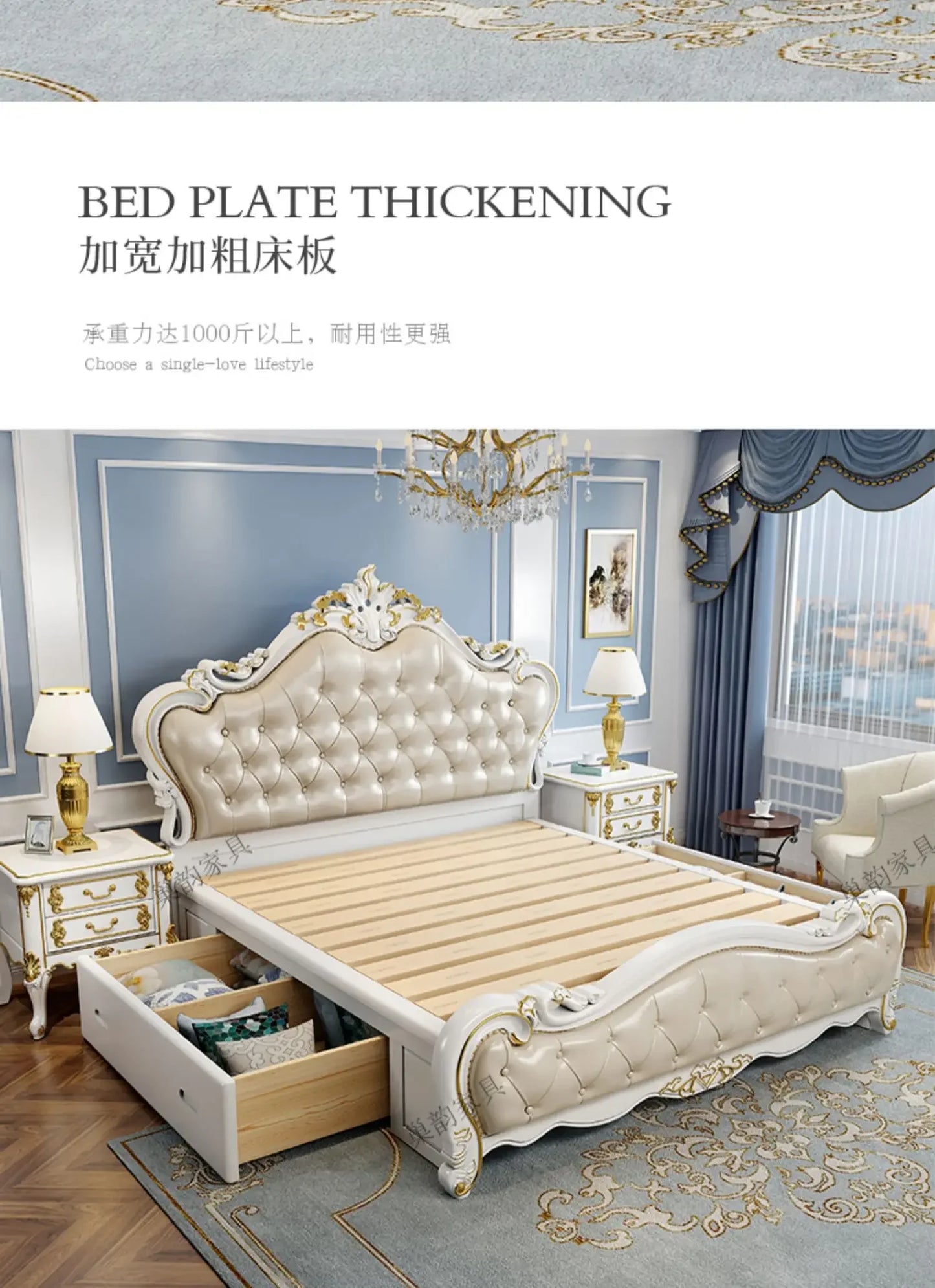 European Luxury Modern Double Bed Frame Mattress Storage Solid Wood Princess Bed Queen Size Cama Bedroom Set Furniture