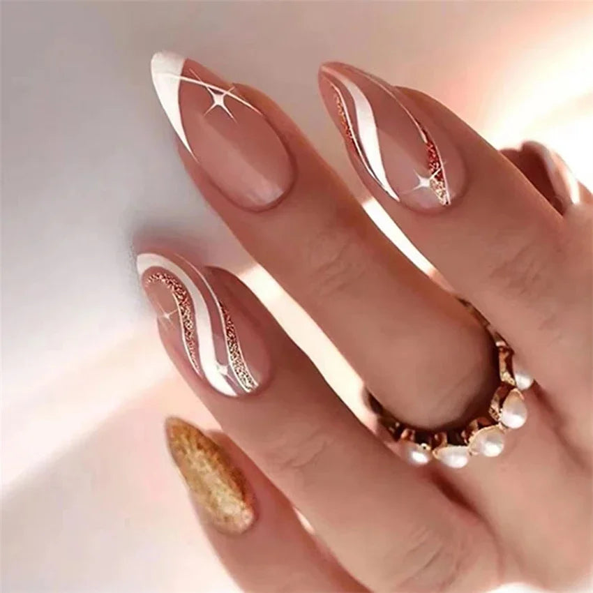 24Pcs/Set Black French Fake Nails Chips Removable Almond Shape Pointed Wearing False Nails Full Cover Stick Press on Nail Tips