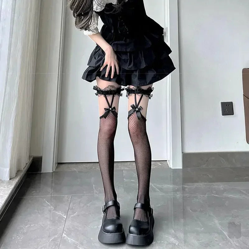 30Pairs Lolita Socks Stockings Warm Thigh High Lolita Bow Over The Knee Long Tube Socks JK Girl Lolita Net Yarn Cotton Stockings