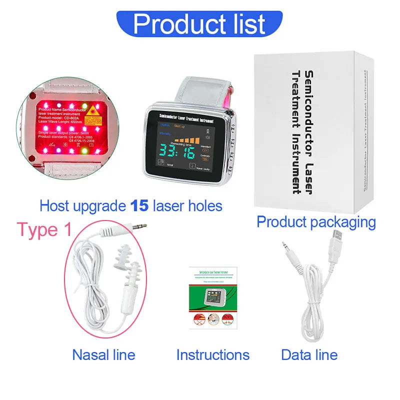 15 Laser 650nm Laser Therapy Wrist Watch LLLT for Diabetes Hypertension Cholesterol Treatment Laser Rhinitis Physiotherapy