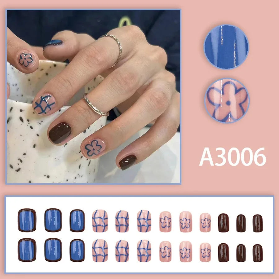 Watercolor Rose Fake Nail with Jelly sticker Press on False Nails Wearable Round Head Oval Full Cover Nail Tips