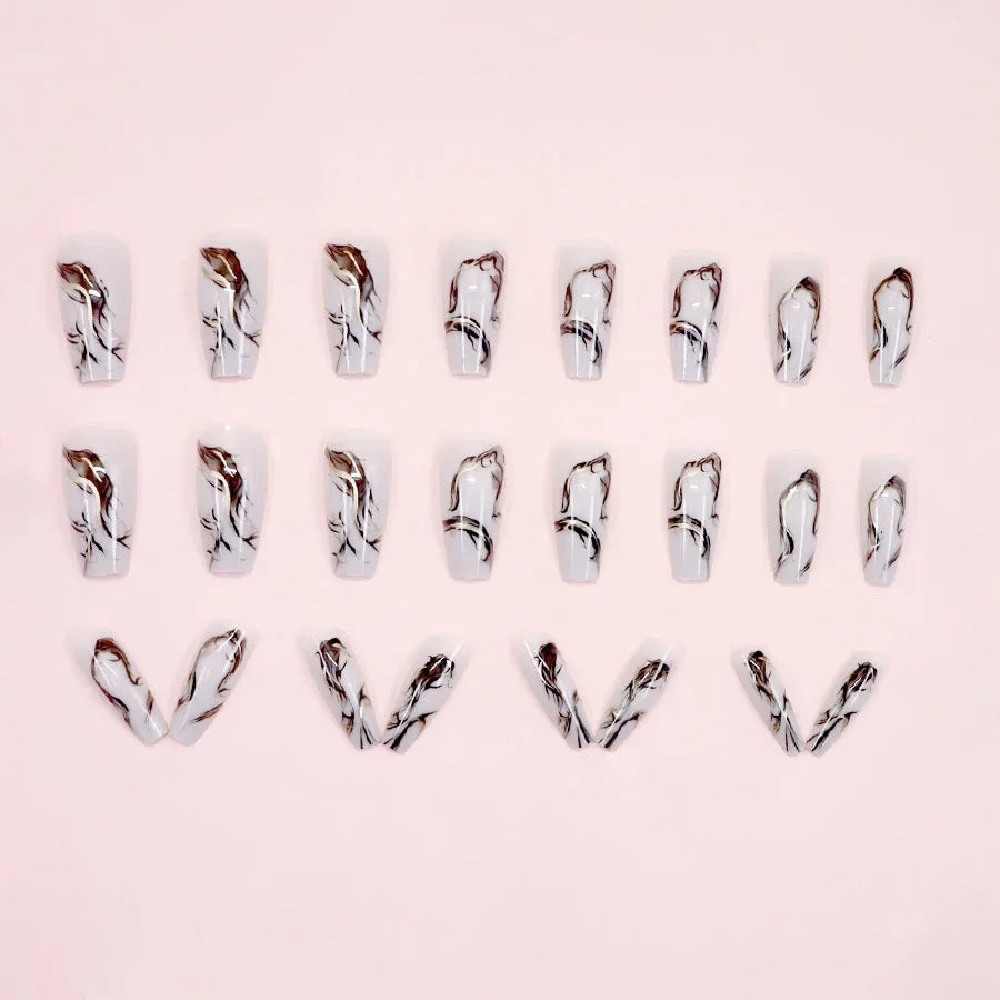 Black Ink Style Fake Nail with Jelly sticker Press on False Nails Wearable Round Head Oval Full Cover Nail Tips