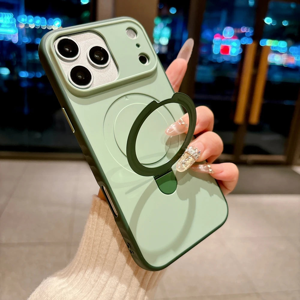 Luxury Skin Feel for Magsafe Phone Case For iPhone 17 16 13 15 Pro Max 14 Plus Magnetic Bracket Stand Anti-slip PC Cover