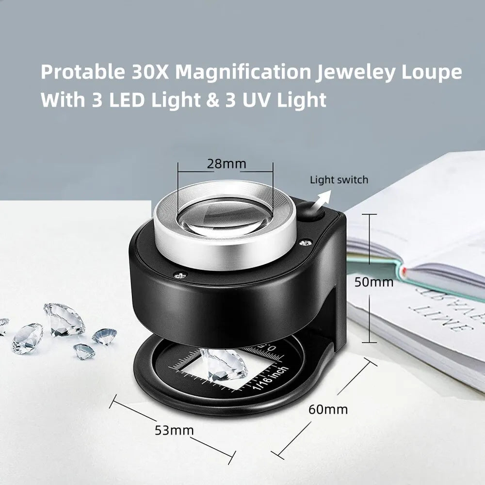 Portable 30X Magnification Loupe Full Metal Black Money Detecting Lamp Scale Measurement With LED And UV Lights