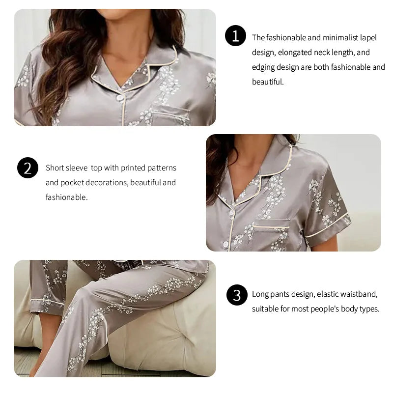 Women's Pajama Set Autumn Short Sleeve Sleepwear Turn-down Collar Tops & Elastic Waistband Pants Pyjama Home Clothing Loungewear