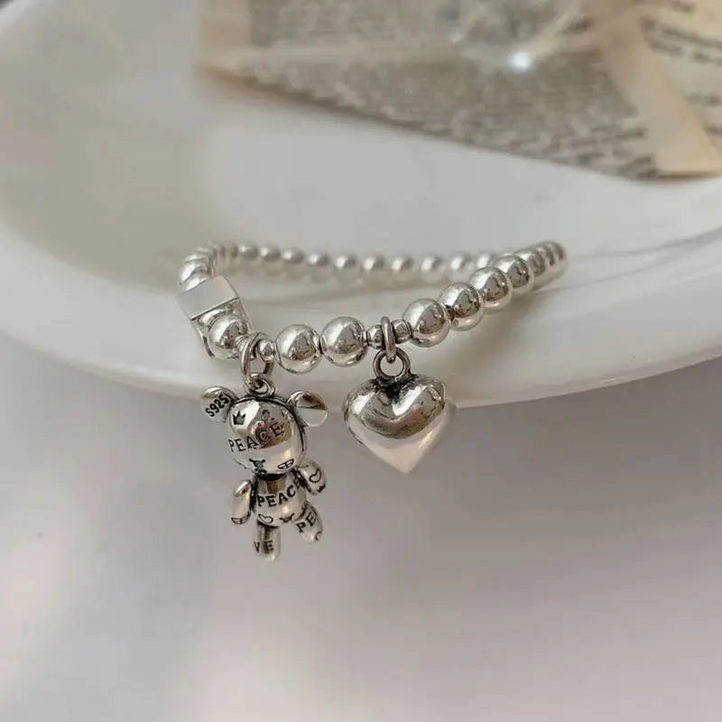 Trendy Love Heart Bear Bracelet for Women Beads Chain Stainless Steel Bracelets Vintage Design Jewelry Party Birthday Gift