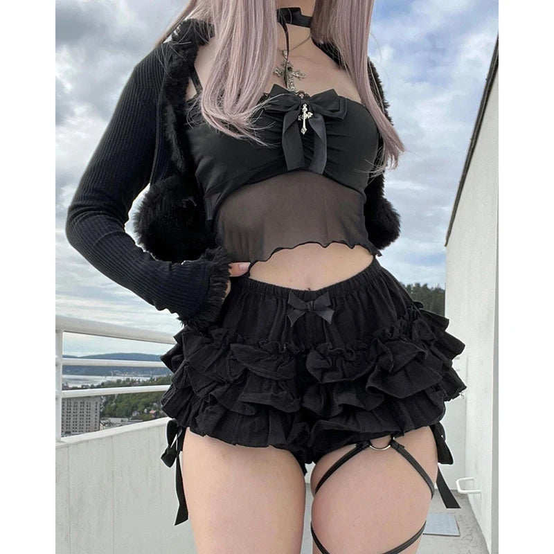 AltGoth Mall Goth Hotsweet Shorts Women Aesthetic Y2k E-girl Cute Sweet Fairycore Grunge Lace Bow Patchwork High Waist Shorts