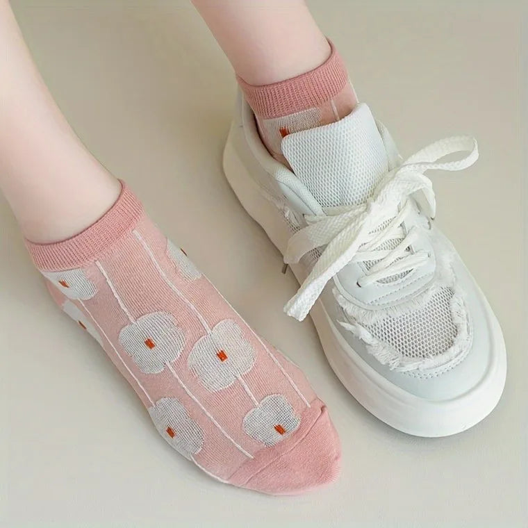 5 Pairs of Kawaii Cute Flower 3D Textured Ankle Socks - Vintage Style Thin Low Cut Hosiery for Women