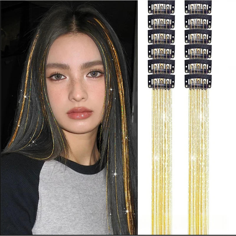 12pcs Per Pack of BB Hair Clips,Shiny Metallic Hair Extensions with Clips,Synthetic Hair, Sparkling Hair Accessories for Women