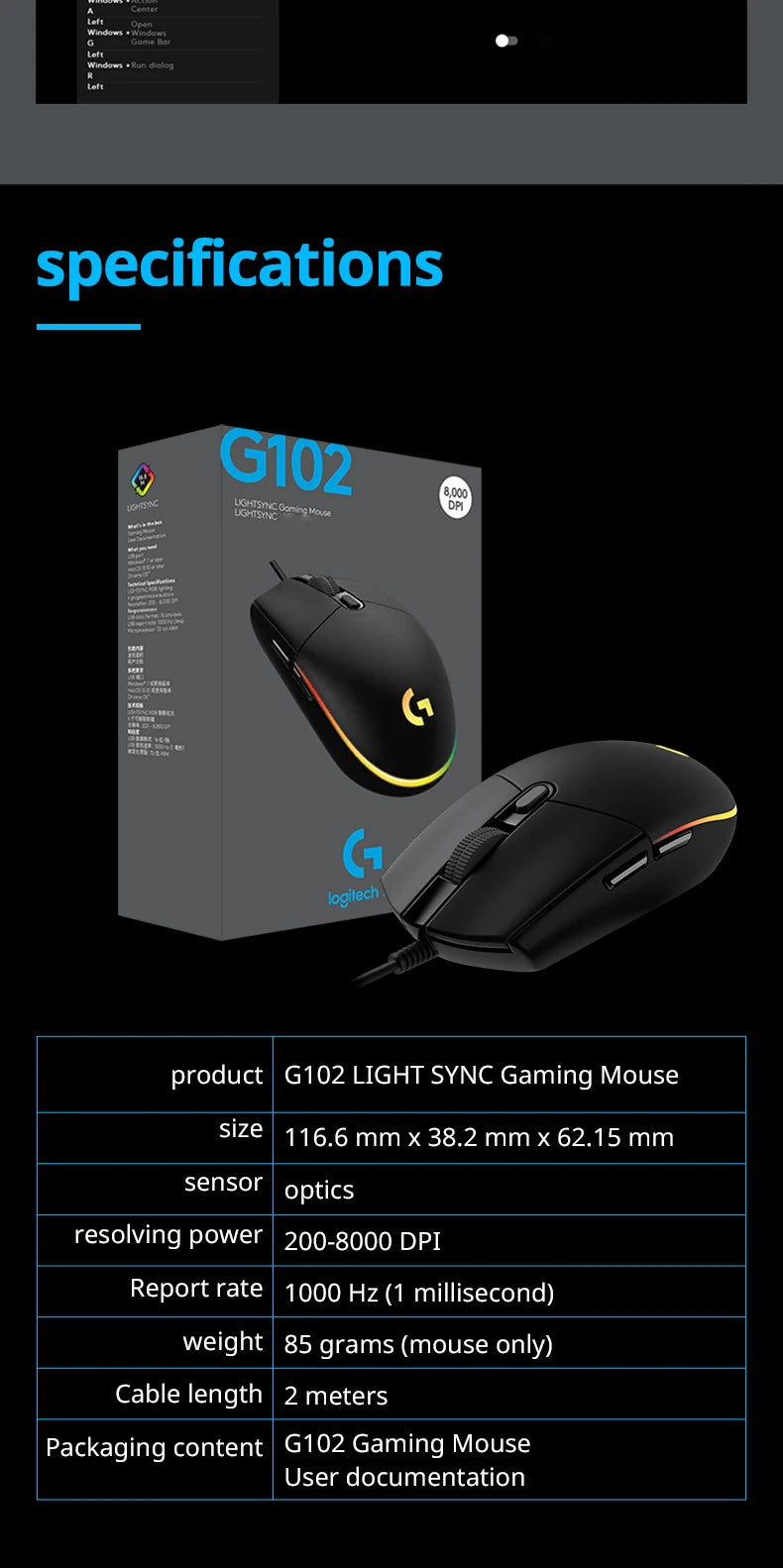Logitech G102 Mouse Original Ergonomic Mouse Optical 8000DPI 16.8M Color LED Customizing 6 Buttons Wired Pc Gaming Accessories