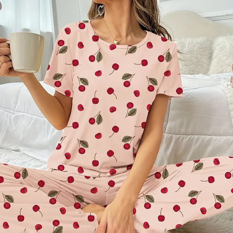 Womens Pajama Pj Sets Autumn Short Sleeve Top & Pants Pajamas 2 Piece Set Soft and Cozy Sleepwear Loungewear Pyjama Pijama Femme