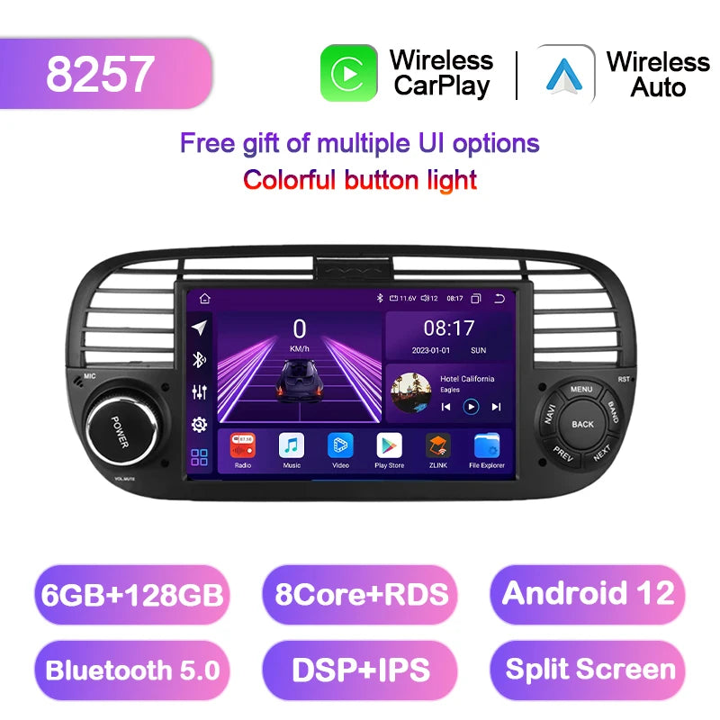 Junuse 7" Wireless Android Auto Carplay For Fiat 500 2007~2015 Android 13 Carplay GPS Navigation Multimedia Player White Black
