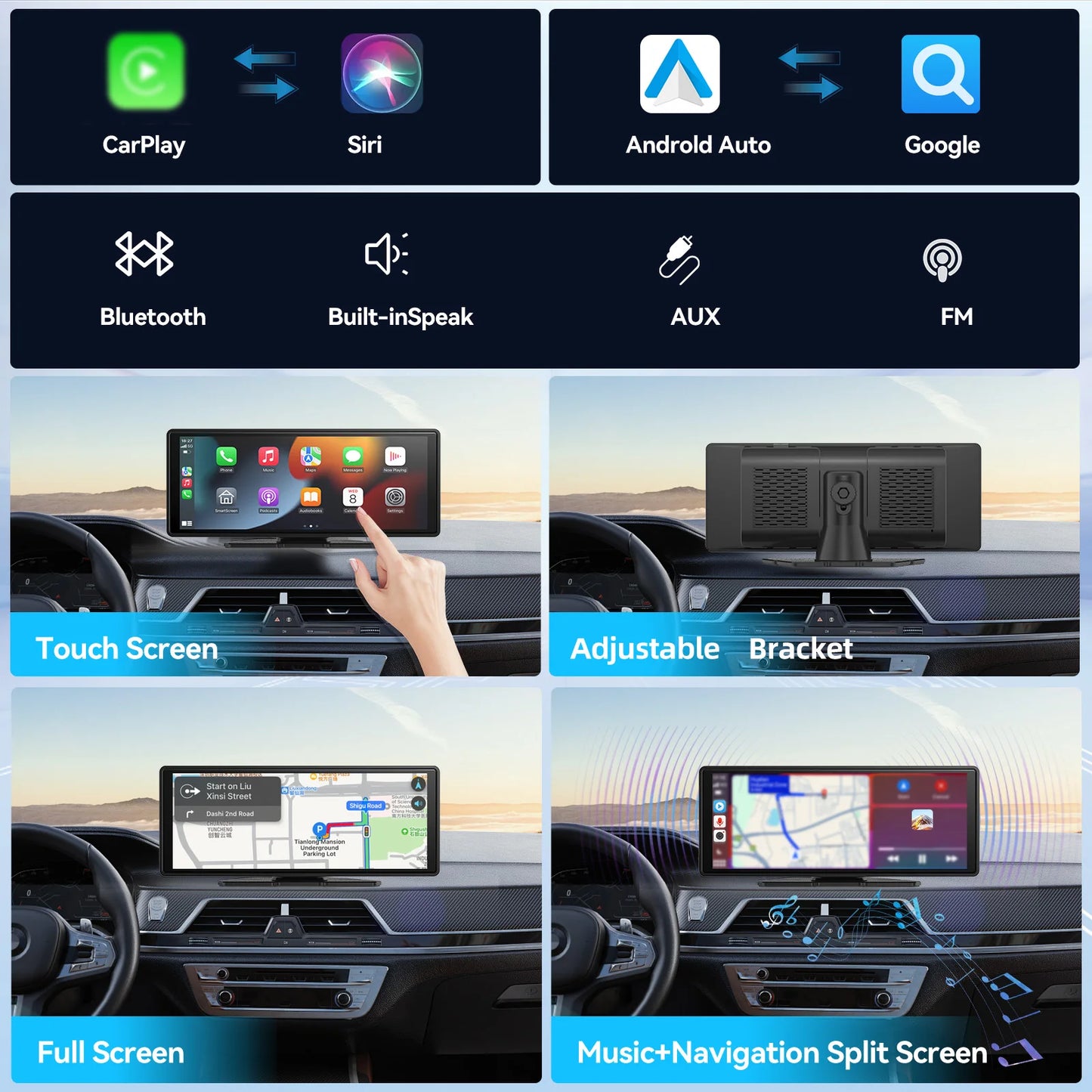 Universal Portable Wireless Carplay Car Stereo, 10.26" inch HD Touchscreen for Car with CarPlay & Android Auto with Mirror Link