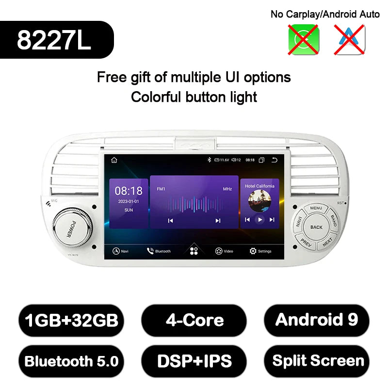 Junuse 7" Wireless Android Auto Carplay For Fiat 500 2007~2015 Android 13 Carplay GPS Navigation Multimedia Player White Black