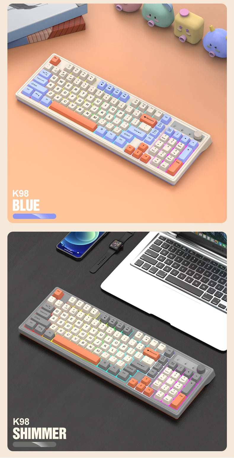 98-key Wireless Keyboard 2.4G Bluetooth Dual-mode Connection, Rainbow Light, Multi-function Suitable for Computer Laptop