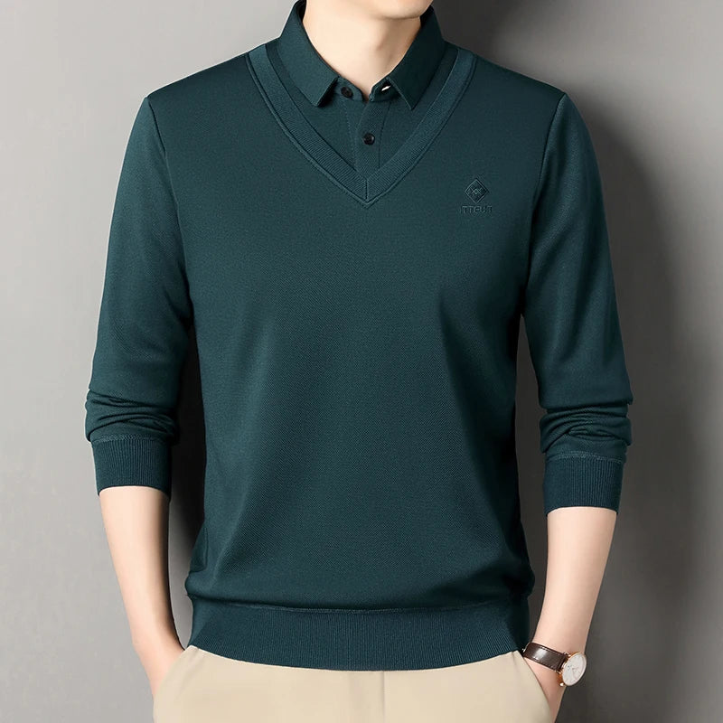 Men's Winter Sweater Velvet Pullover Solid Color Slim Fit Elegant Luxury Brand Knitwear Fake Two Pieces Knitted Sweaters