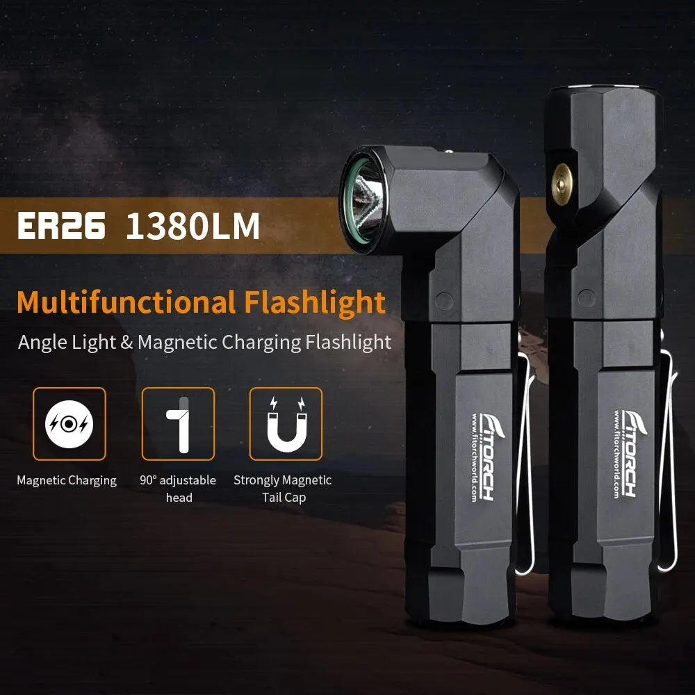 Fitorch ER26 Rechargeable LED Flashlight Versatile Torch 90° Adjustable Head Magnetic Charging Flash Light Camping Hand Lamp