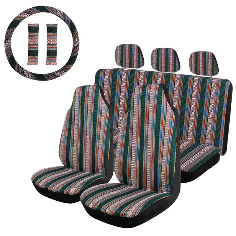 5mm Universal Size Flax Striped Car Seat Covers with Seat Belt Pads Steering Wheel Cover Full Set Fit For Most Car SUV Van Truck