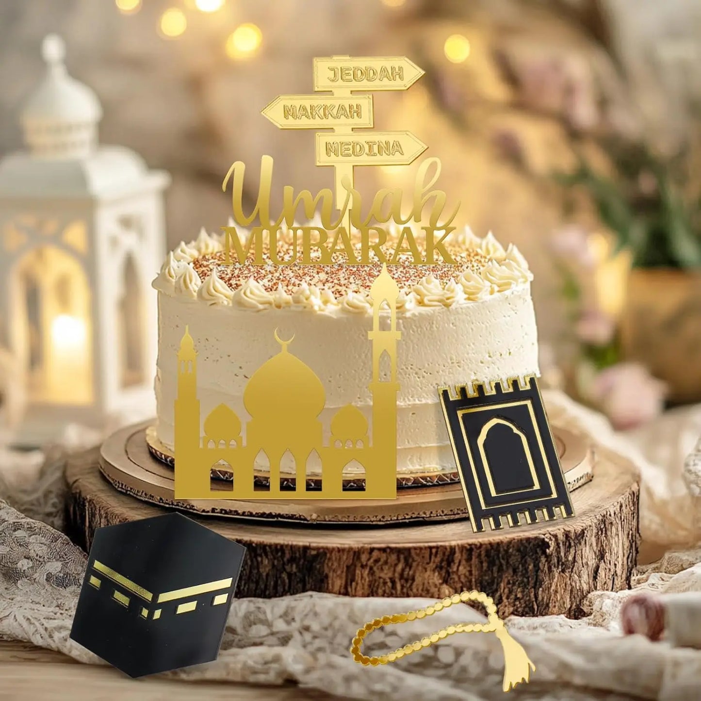 Paxrmuky Golden Muslim Umrah Mubarak Topper Hajj Mubarak Cake Topper and Charm Set of 4