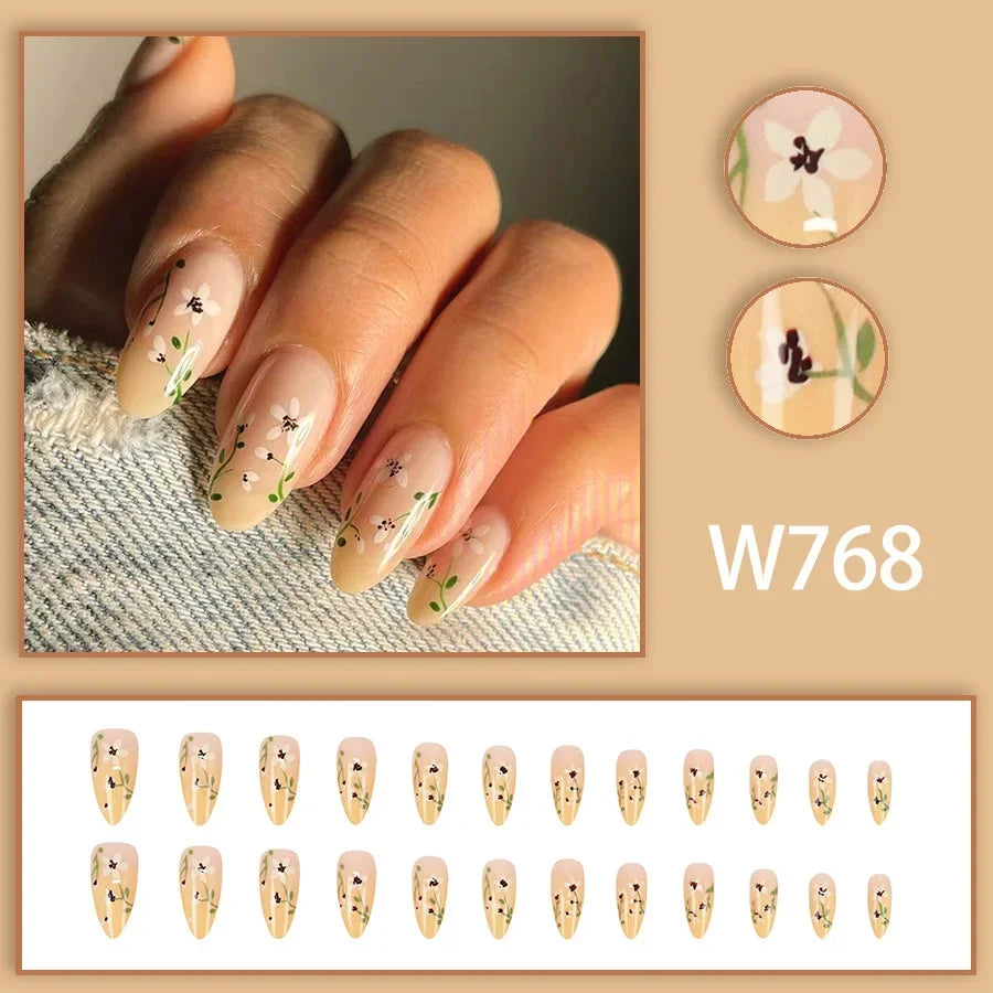 Black Ink Style Fake Nail with Jelly sticker Press on False Nails Wearable Round Head Oval Full Cover Nail Tips