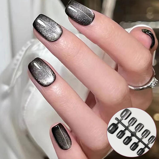 10Pcs Black Glitter Cat Eye Square Nails Set Press on Reusable Acrylic Fake Nails with Glue for Women/Girls Party Wear Nails Art